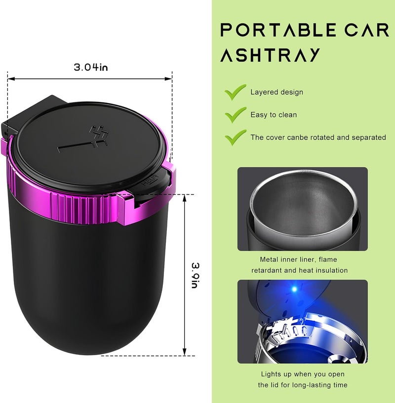 MUQIDA Car Ashtray with Lid, Auto Portable Stainless Steel Smokeless Ash Tray with LED Light, Detachable Windproof Ashtray Mini Trash Can for Most Car Cup Holder Home Office (Purple) - Image 2